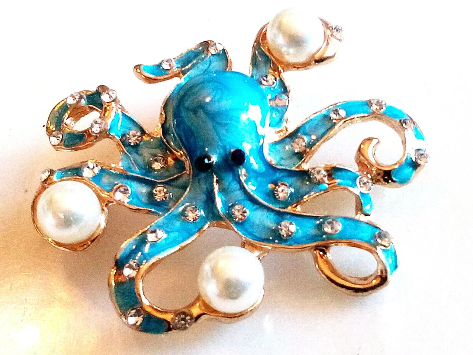 ENAMELED OCTOPUS BROOCH/PENDANT!Blue Enameled, Clear Crystals, Imitation Pearls