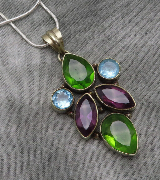 Vintage Sterling Silver Necklace 2 inch Pendant Green Purple Blue Crystal 369c