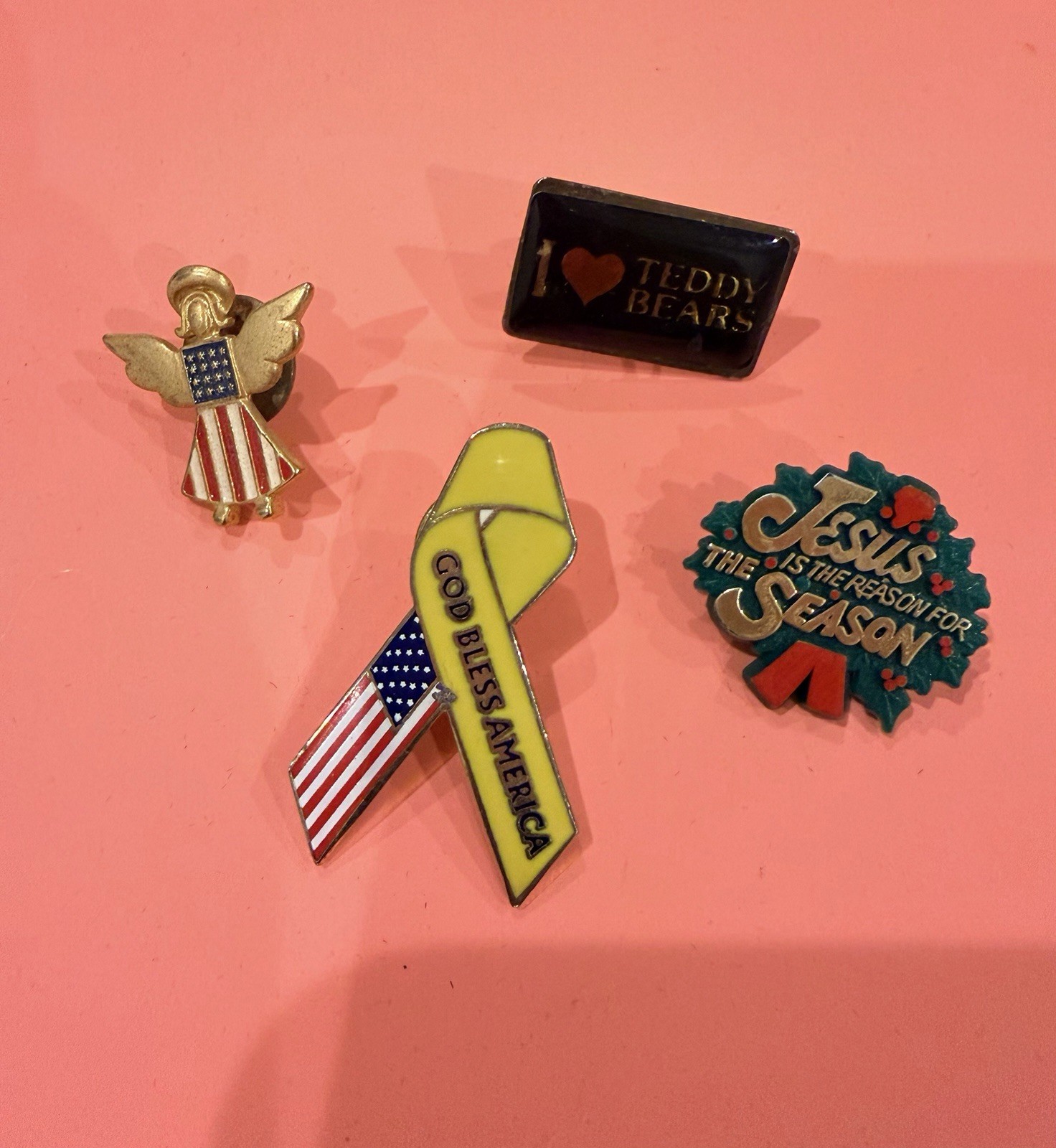 Vintage Collectible Pin Set; American, Christmas, July 4th, God