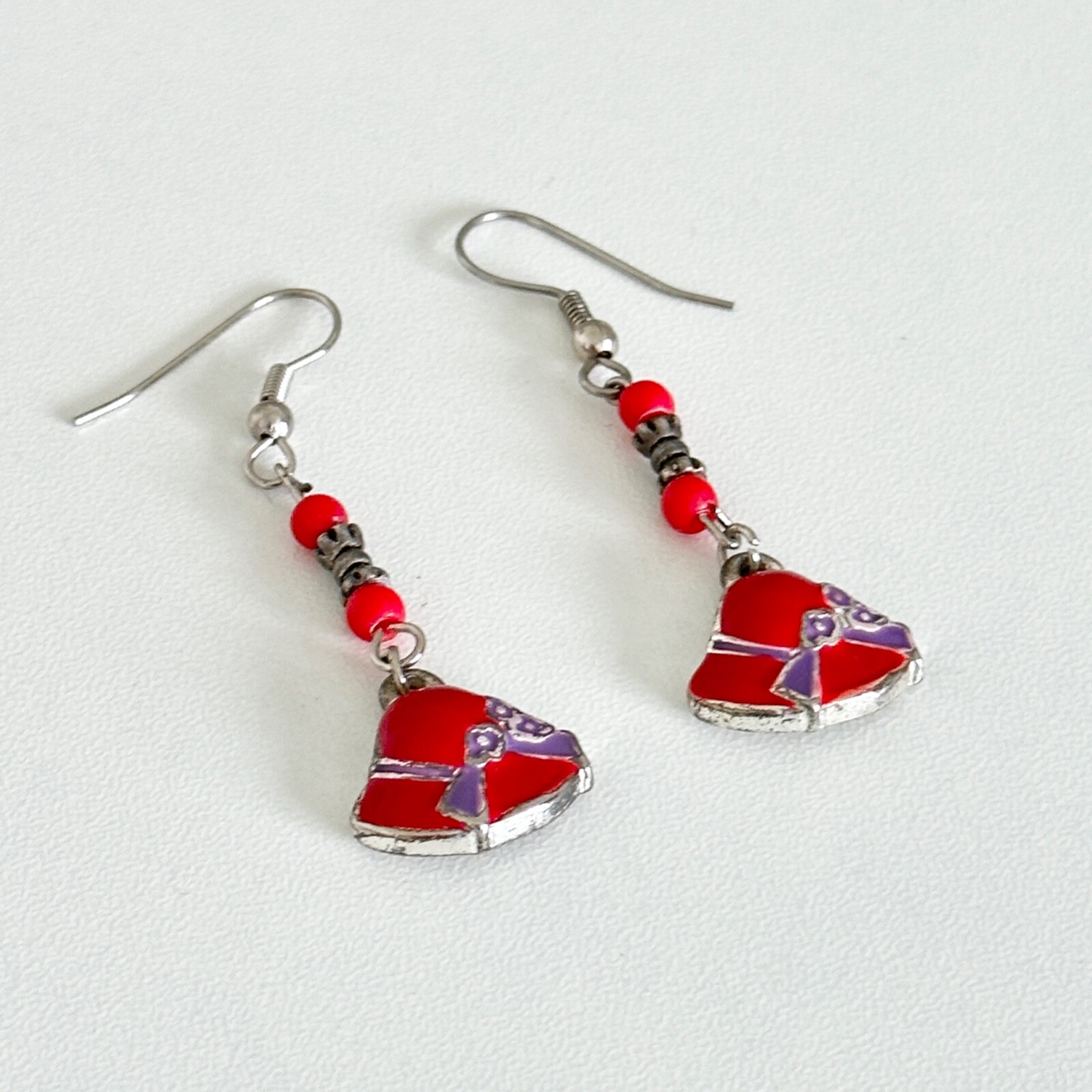 Vintage Red Purple Enamel Floral Bonnet Hat Silver Tone Pierced Drop Earrings