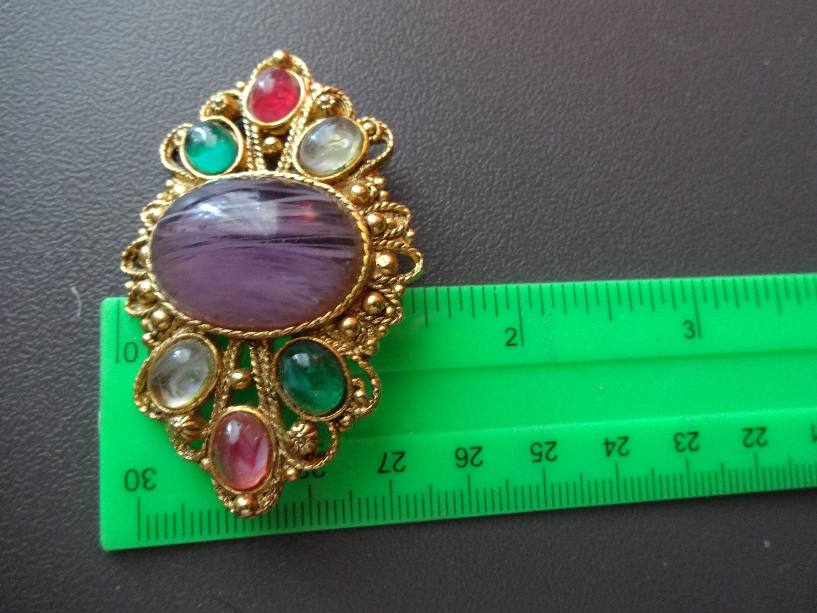 Vtg Gripoix Poured Slag Glass Mogul Multicolor Rhyinestone Jeweled Brooch