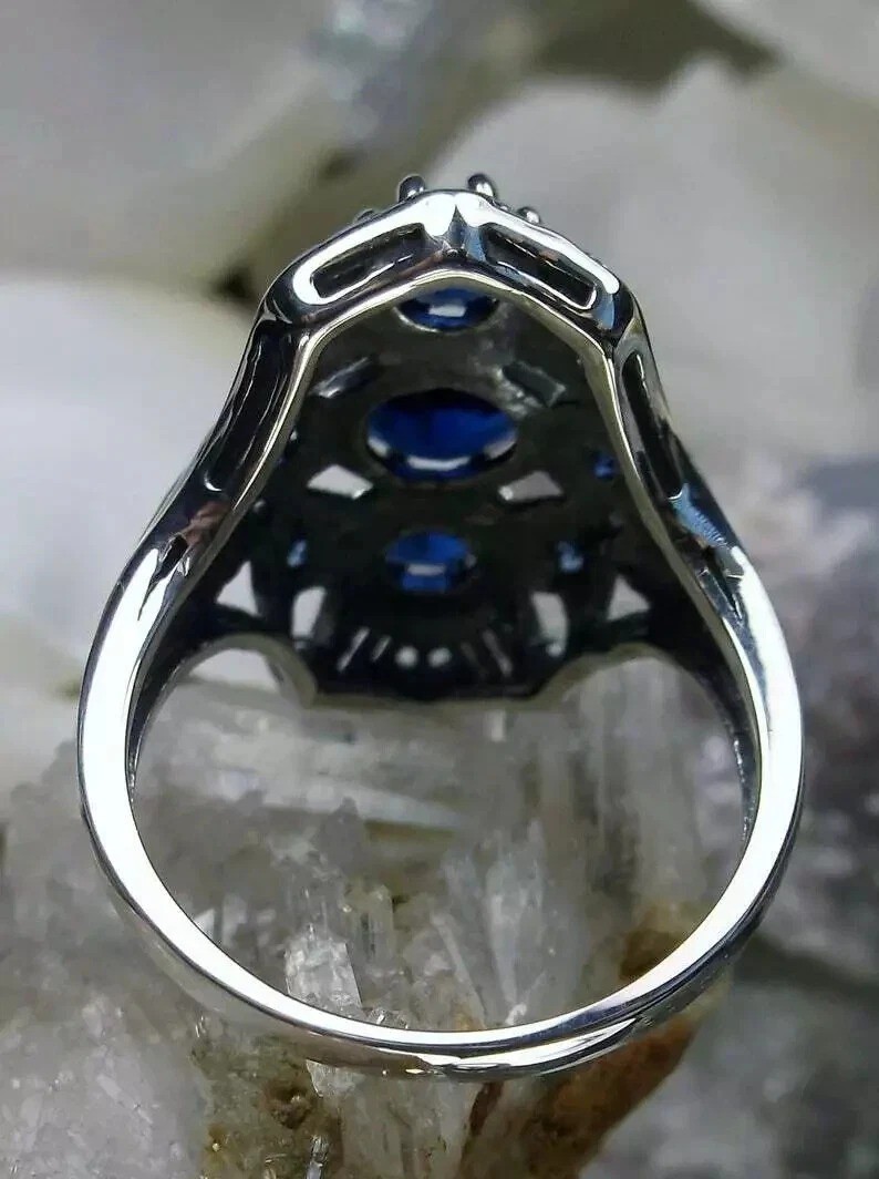 Art Deco 3.6Ct Blue Lab Created Sapphire Wedding 14K White Gold FN Filigree Ring
