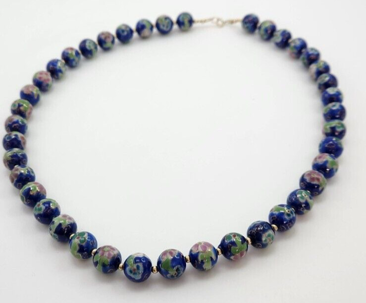Vintage Japanese Cloisonne Bead Floral Necklace, Blue Pink and Green 22 Inches