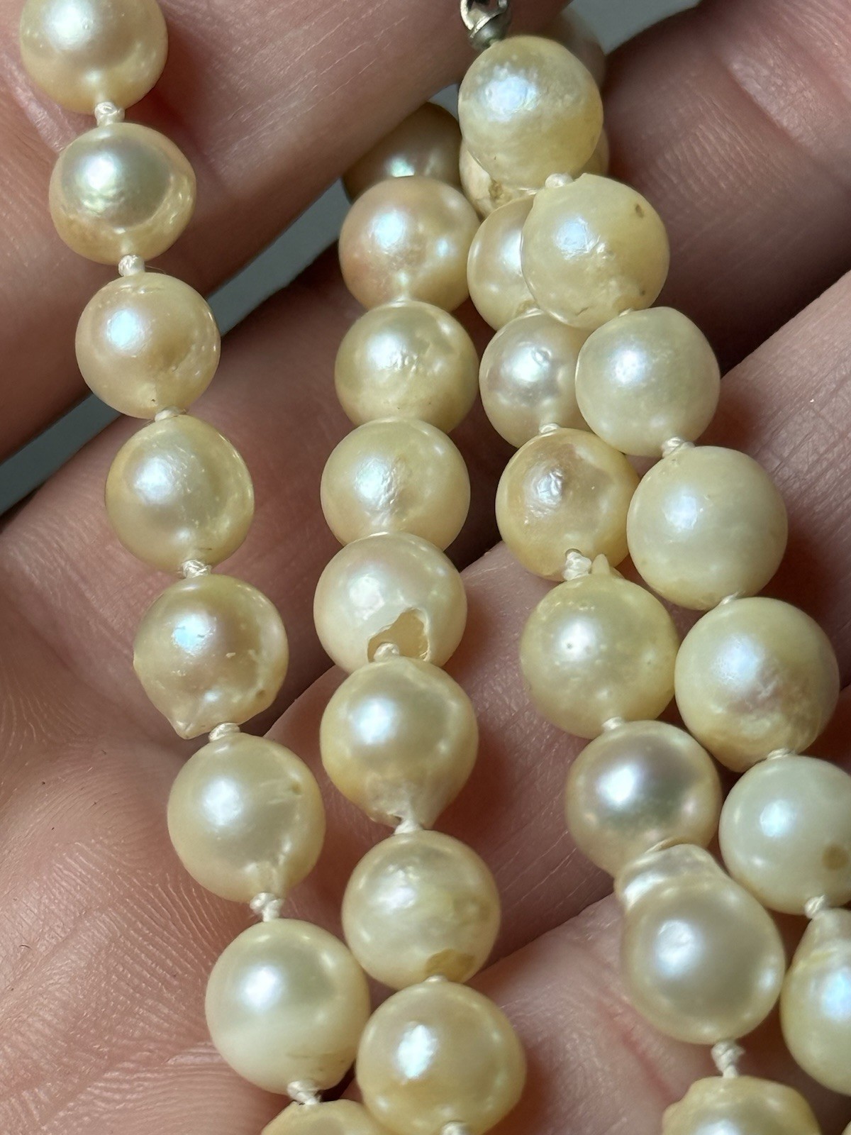 Vtg Art Deco Sterling Silver Pearl Clasp Baroque Akoya Hand Knotted Necklace 25”