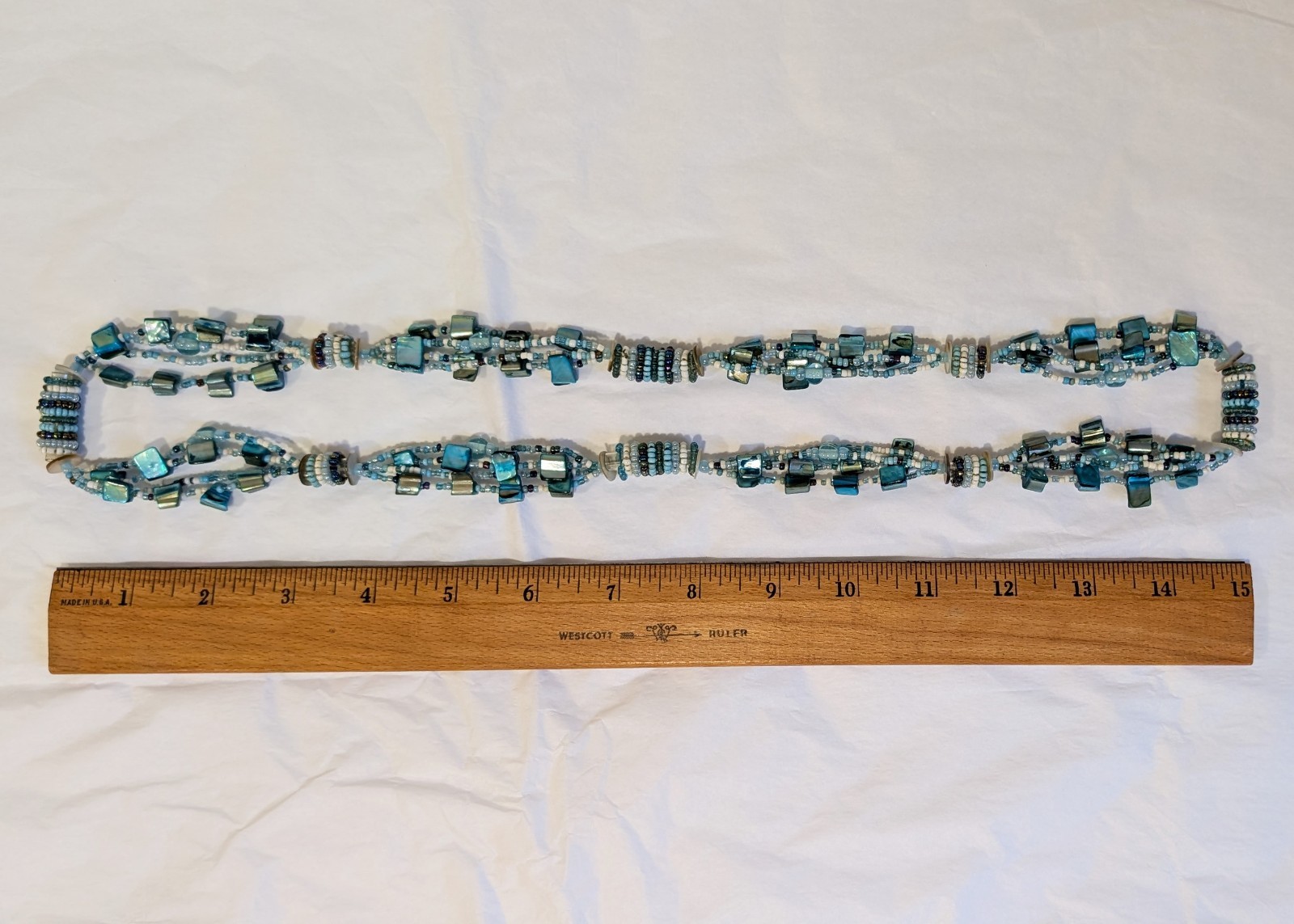 4 Strand Layered Necklace with Blue Dyed Abalone MOP and Glass Beads 30.5 inches