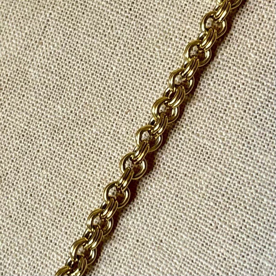 Vintage Crown Trifari Double Round Link Gold Tone Long Chain 54″ Hang Tag Logo