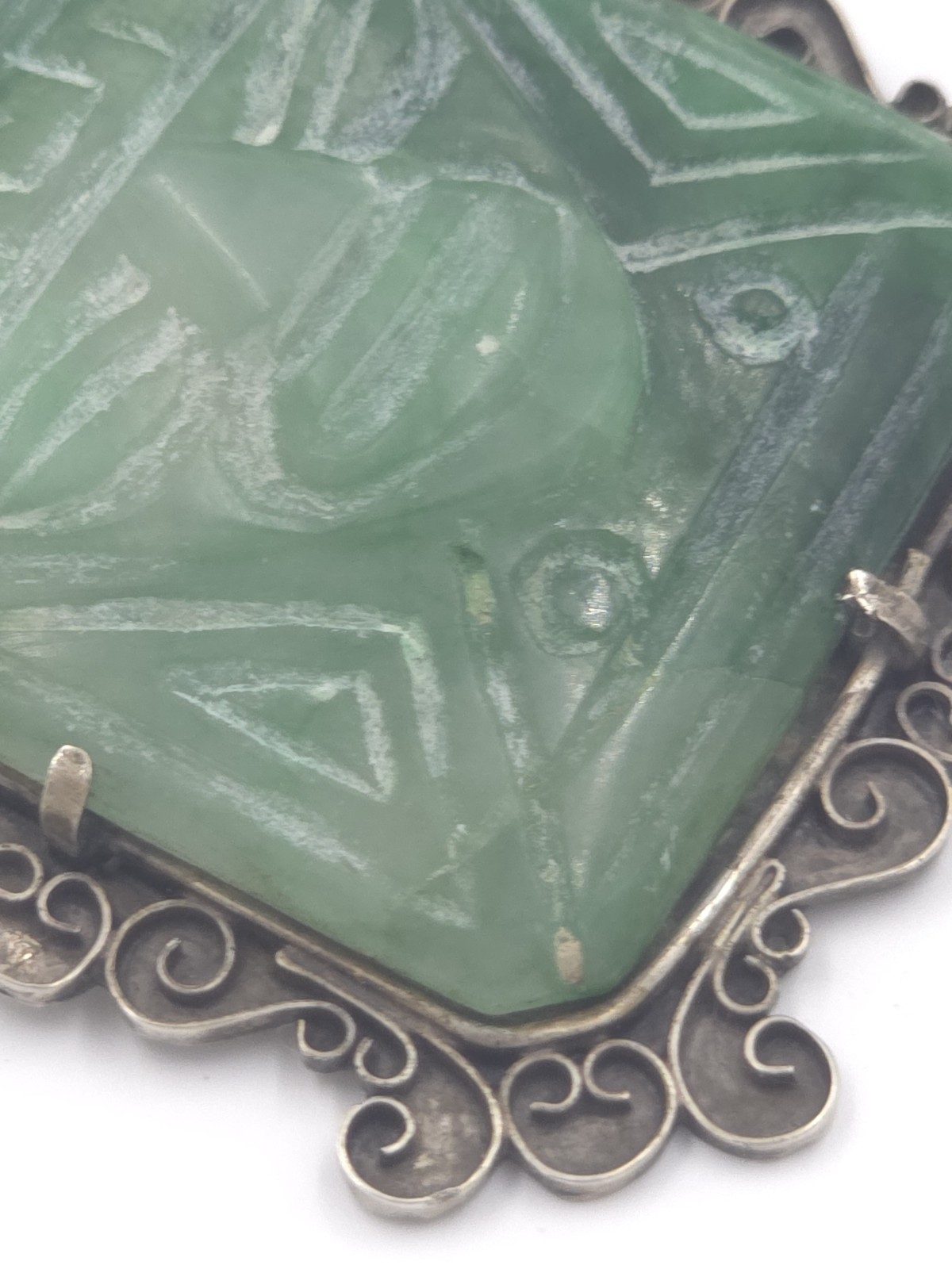 Vintage Taxco 980 Sterling Silver Carved Jadeite Aztec Warrior Brooch