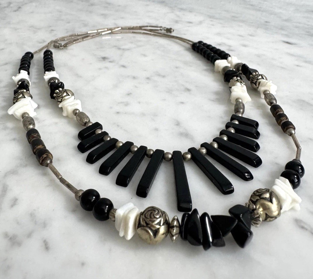 Vtg Silver Tone Liquid Silver Black Onyx Bead & Fringe 2-Strand Layered Necklace