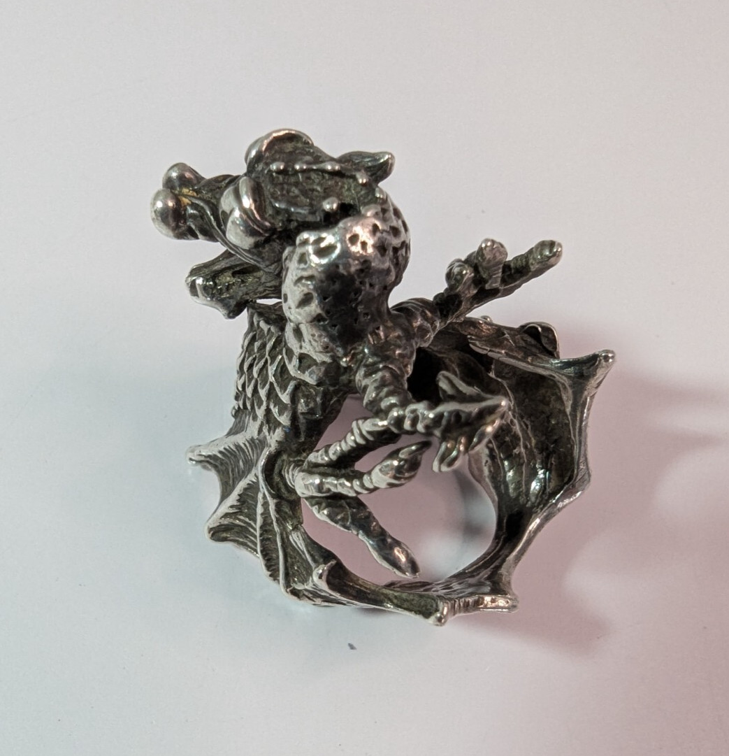 Vintage Pewter or Silver Flying Dragon Biker Ring Size 7