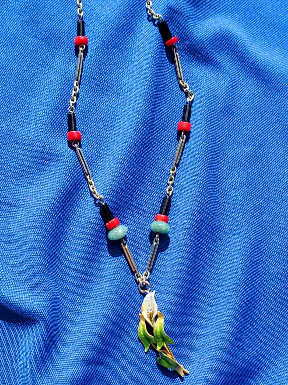 ORIGINAL Antique Deco Diamond Necklace Victorian Jade Onyx Coral Chain 14K GOLD