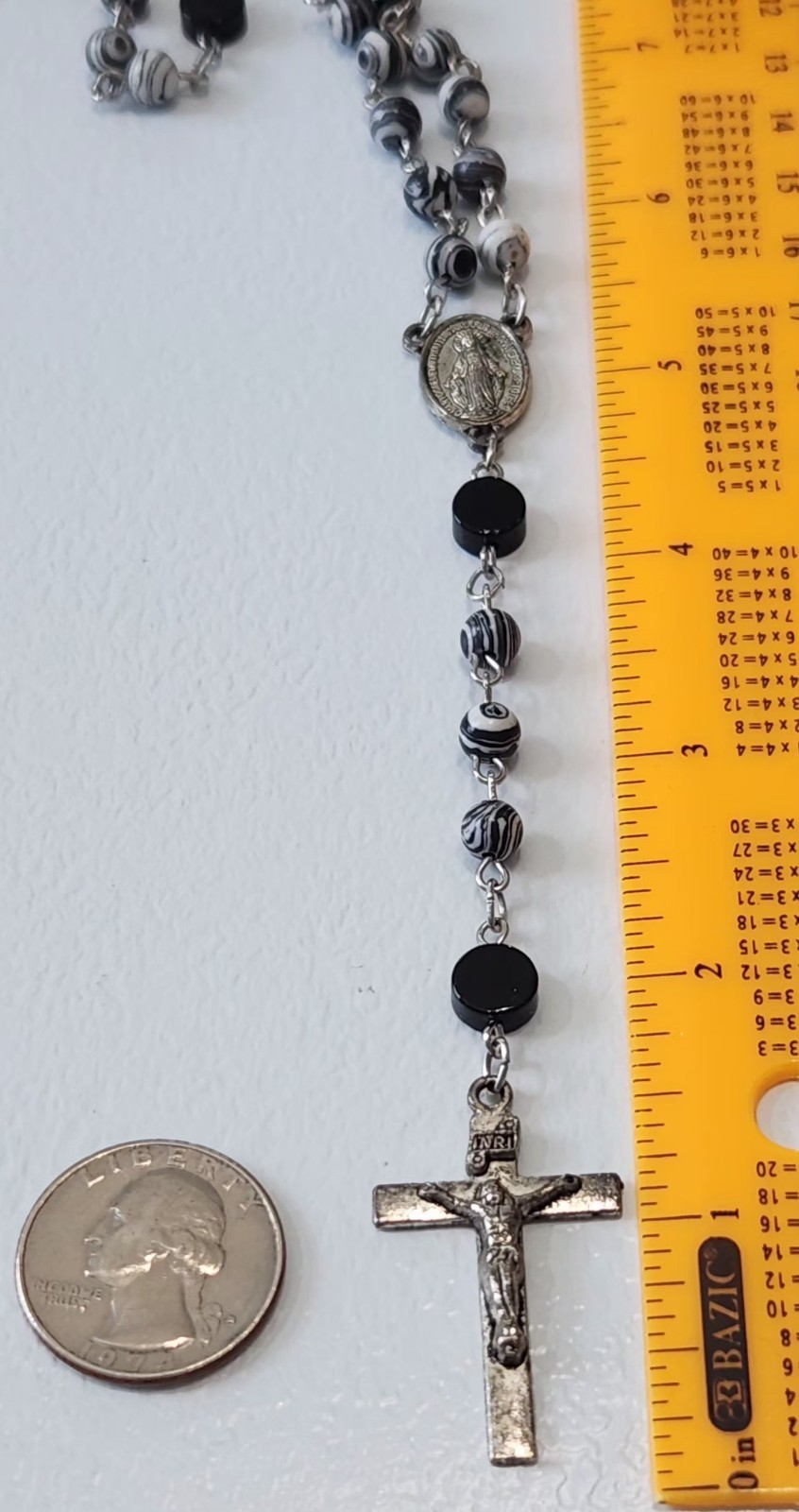 Vintage Italy Creed Sterling Silver Cross black white rosary pendant necklace