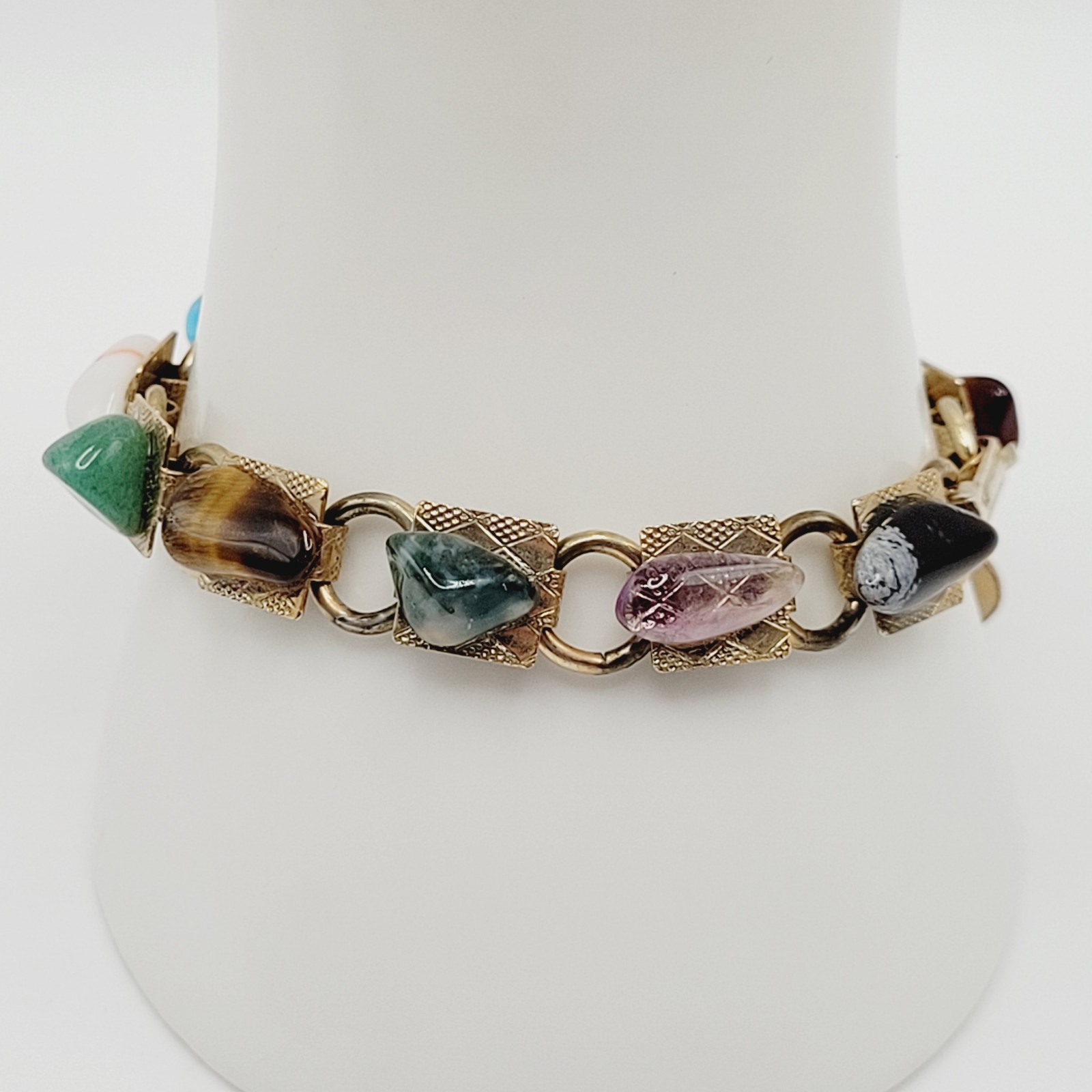 Souvenir Louisiana Natures Worldwide Polished Gemstones Gold Tone Vtg Bracelet