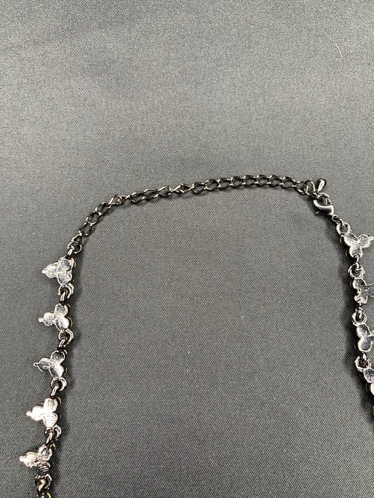 Pink Flower Shape Rhinestone Black Gun Metal Necklace 14” Choker