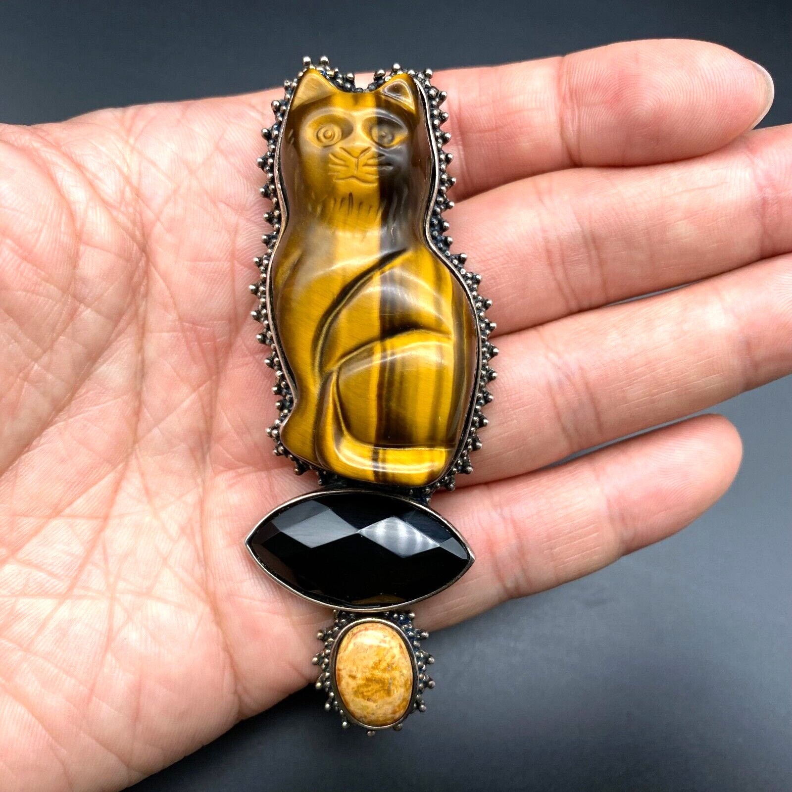 Huge AKR Amy Kahn Russell Cat Tiger Eye Sterling Silver Pendant Pin Brooch