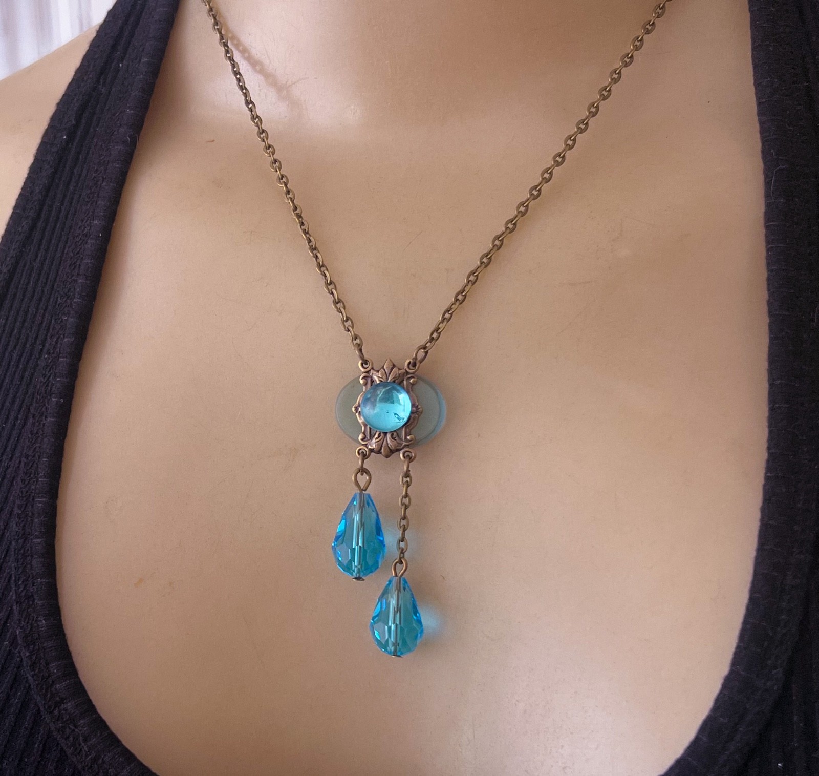 Vintage Necklace Delicate Art Nouveau Brass Pendant Antique Aqua Czech Glass