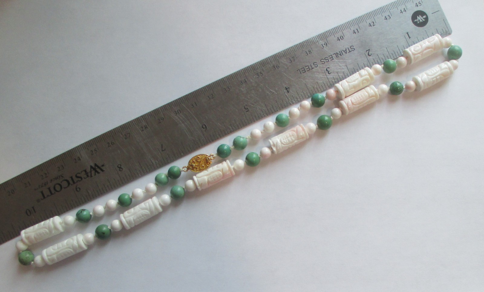 VINTAGE CARVED SHOU BARREL CONCH SHELL CORAL TURQUOISE BEAD NECKLACE STERLING