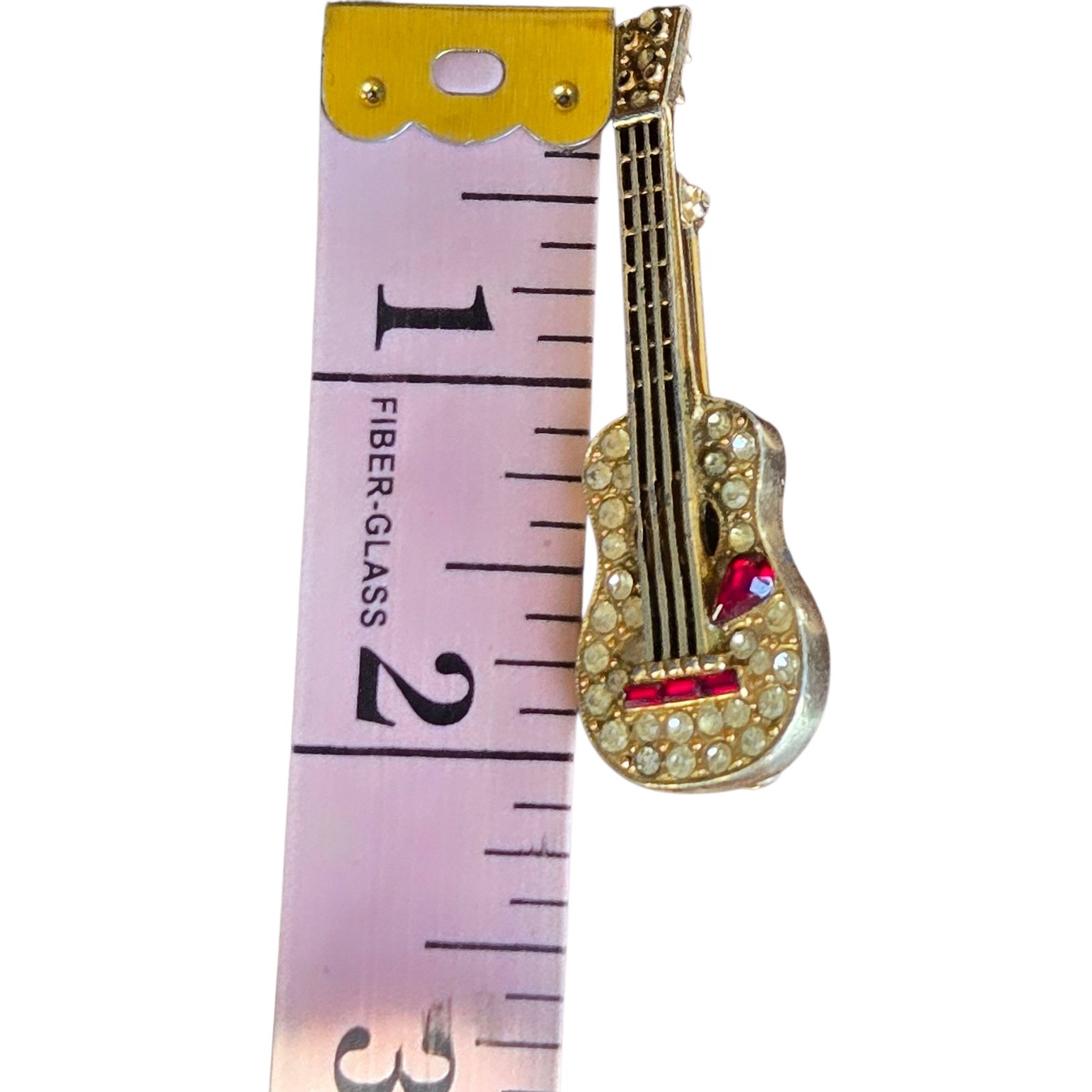 Vtg Ora Gold-plate Rhinestone Guitar Figural Brooch 1940s SIGNED 2″ x 3/4″
