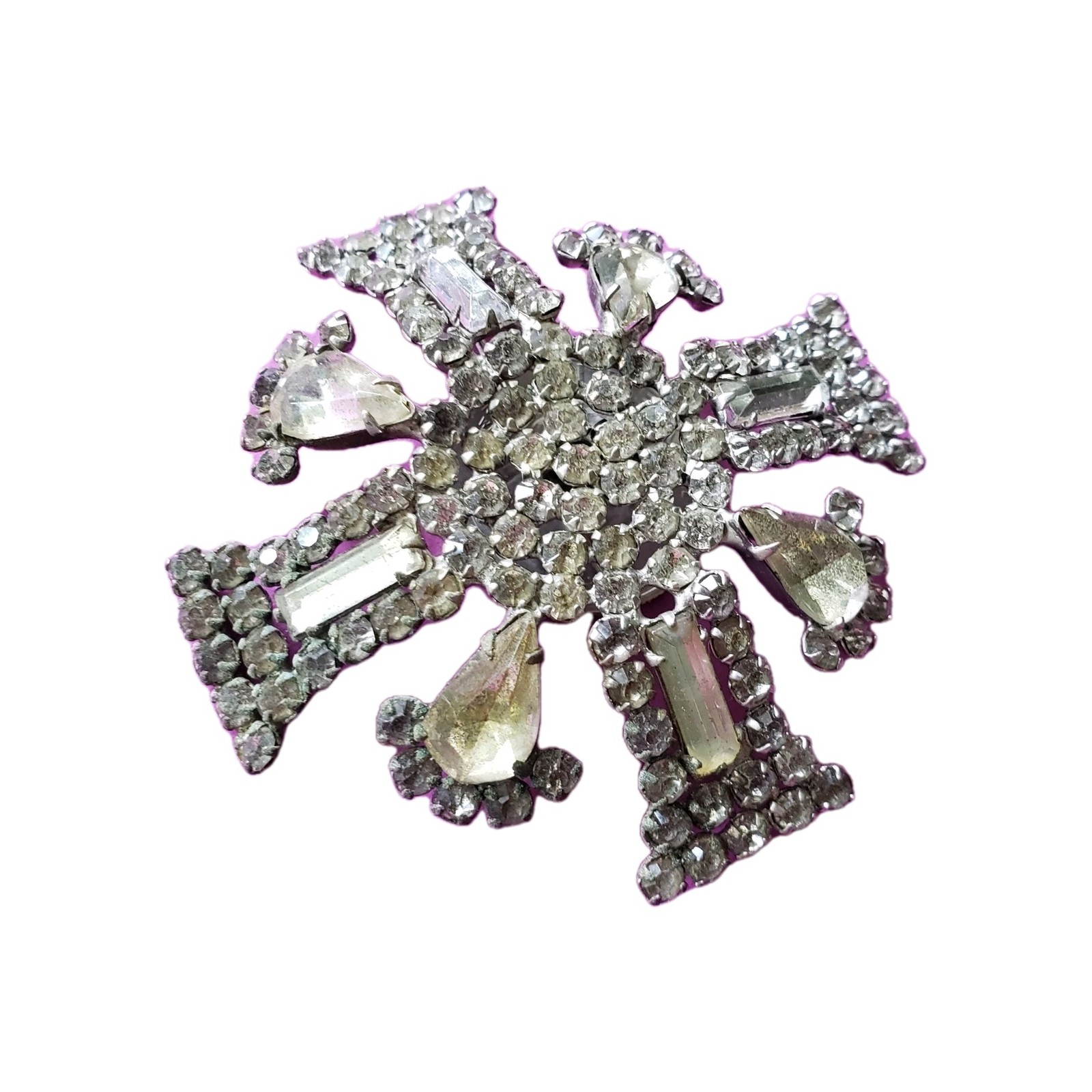 VTG GARNE New York Maltese Cross Prong Set Clear Rhinestone 2.5″ Pot Metal FAB**