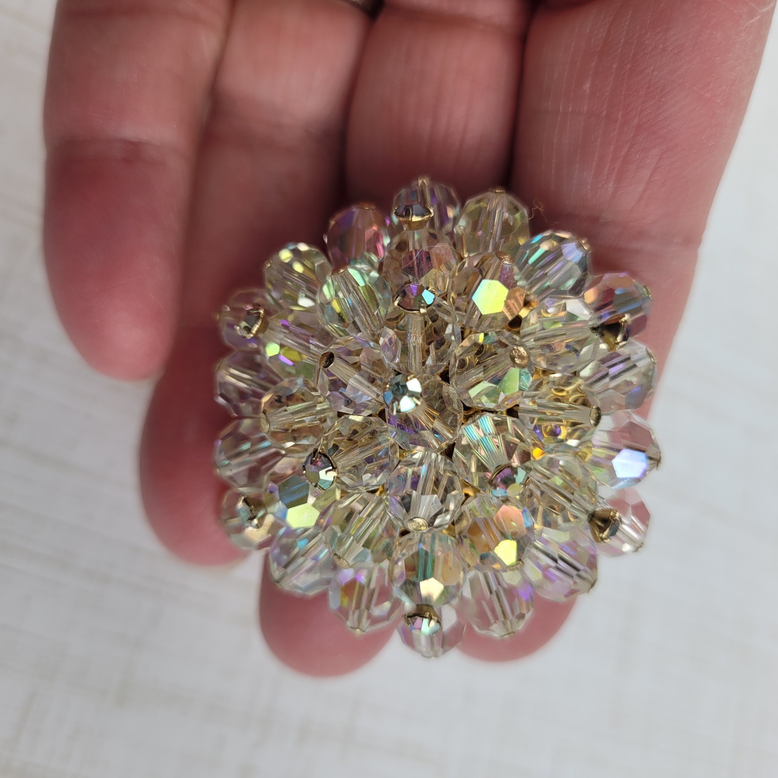Vintage AB Faceted Crystal Cluster Round Domed Beaded Brooch
