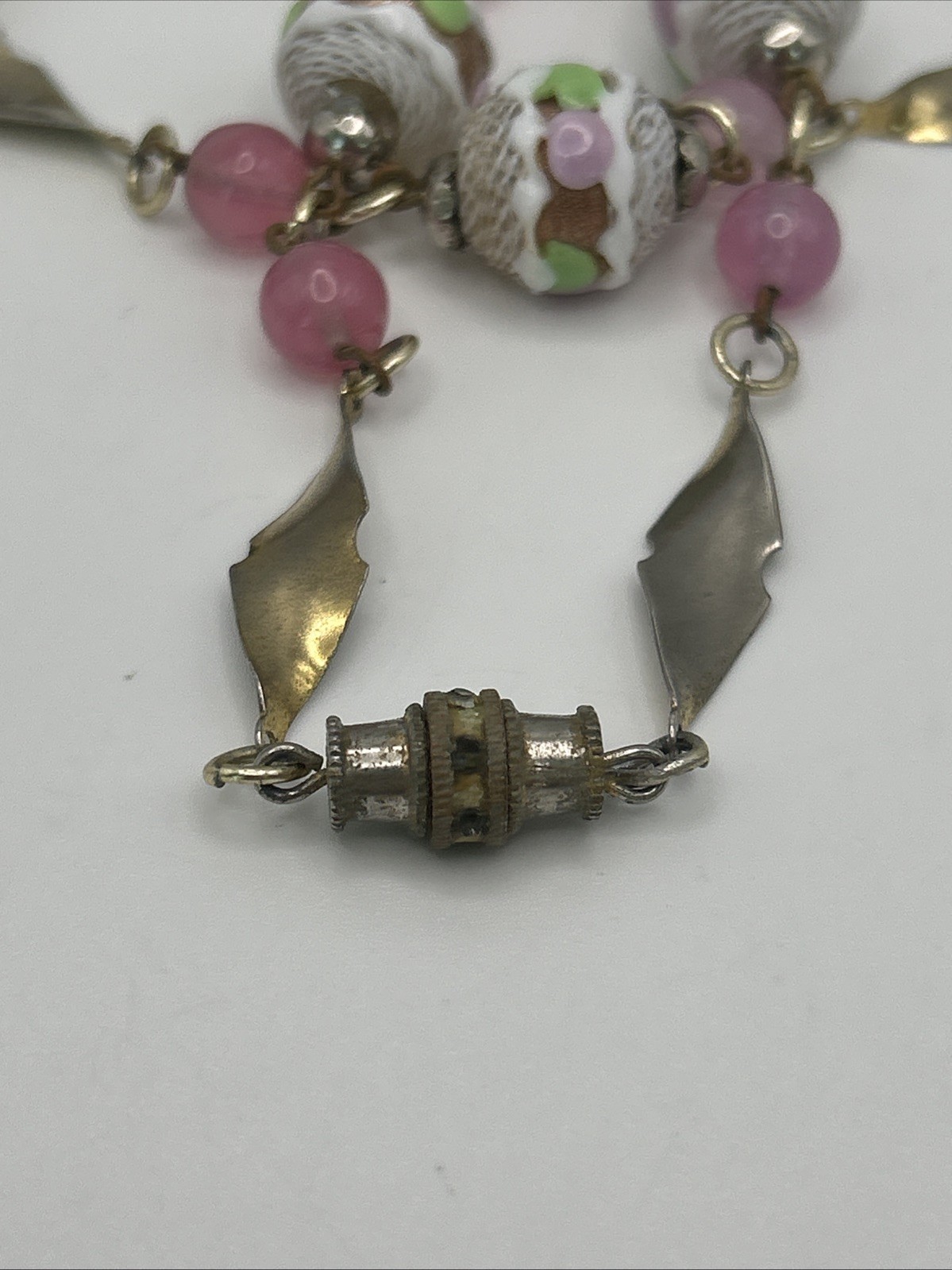 Venetian Italy Latticino Necklace Pink Green Purple White Gold Tone 1920’s VTG