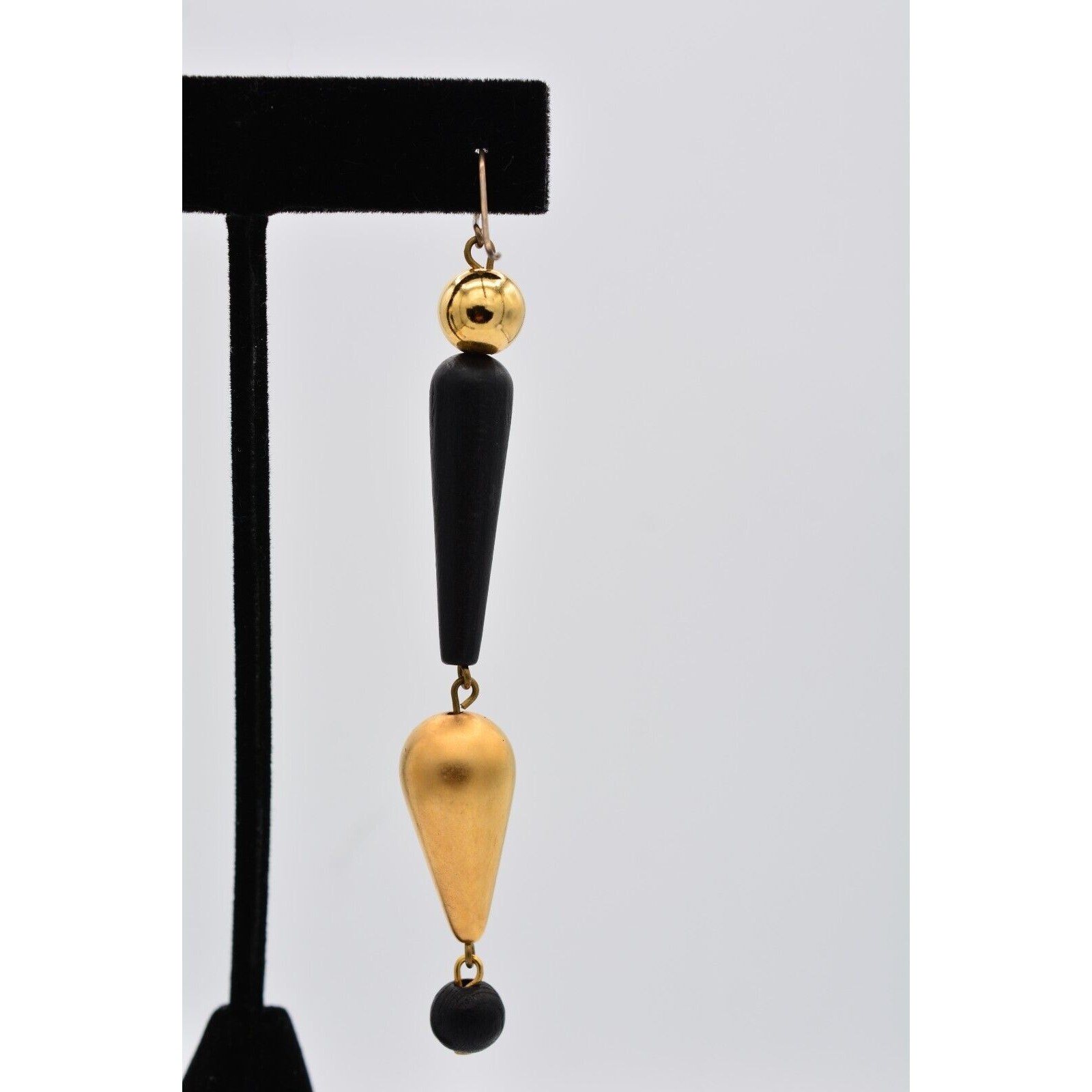 Vintage Dangle Earrings Black Beaded Brushed Gold Matte Drop Chunky 1990s BinAV