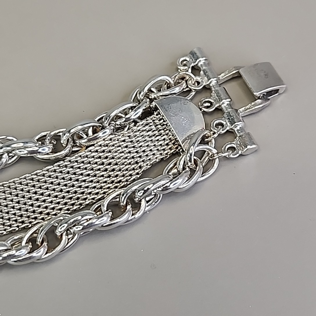 Vintage Mesh Chain Bracelet Silver Tone Layered 6.5″