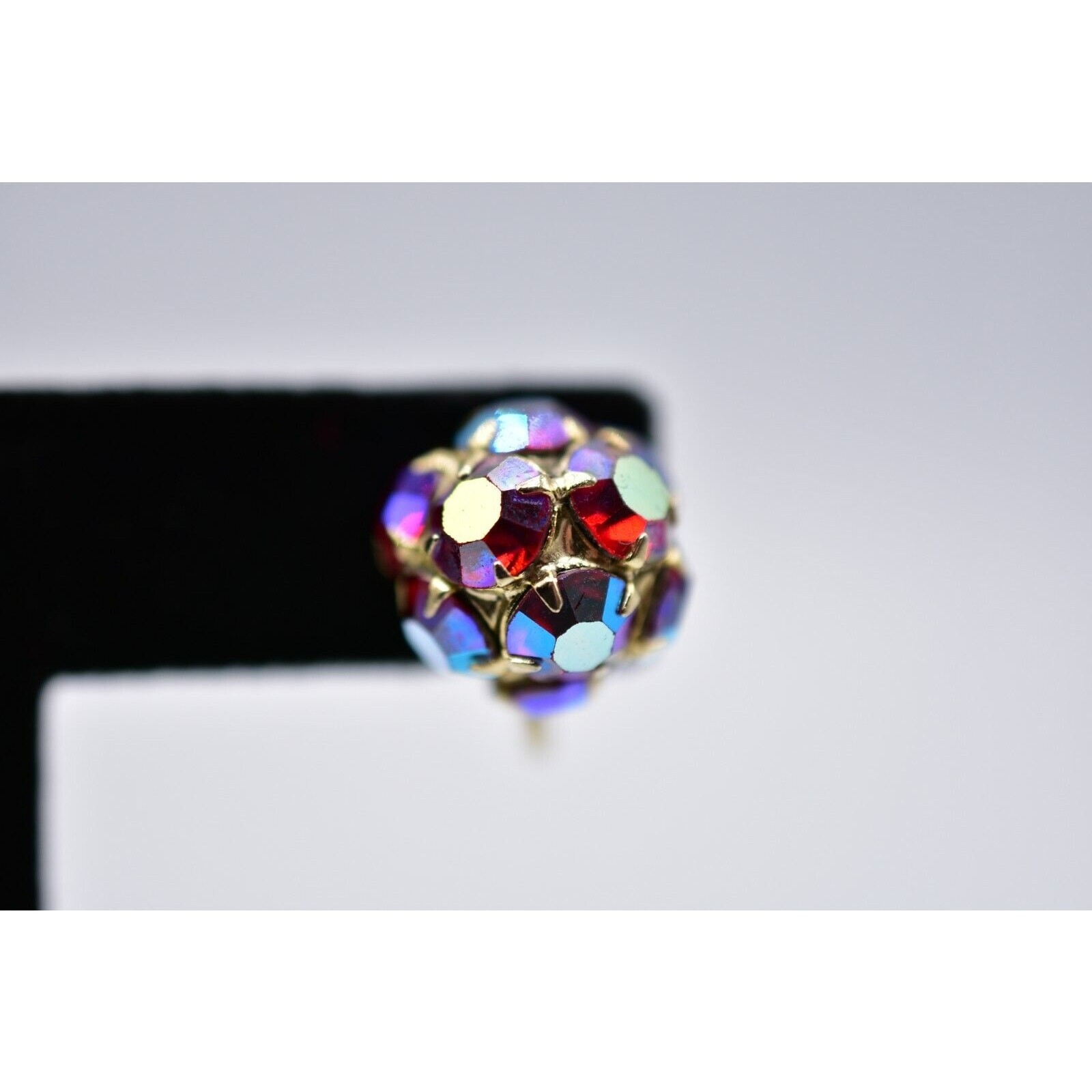 Kramer Vintage Crystal Clip On Earrings Red Aurora Borealis Signed 1950s Bin4