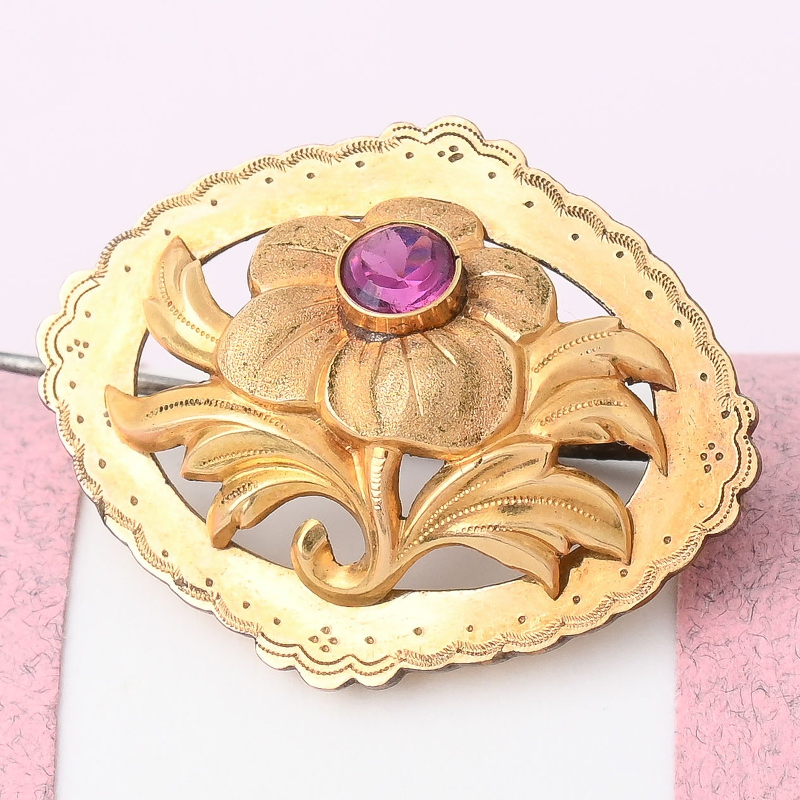 Antique Victorian French Poppy Flower Gold Plated Red Paste Repousse Brooch Pin
