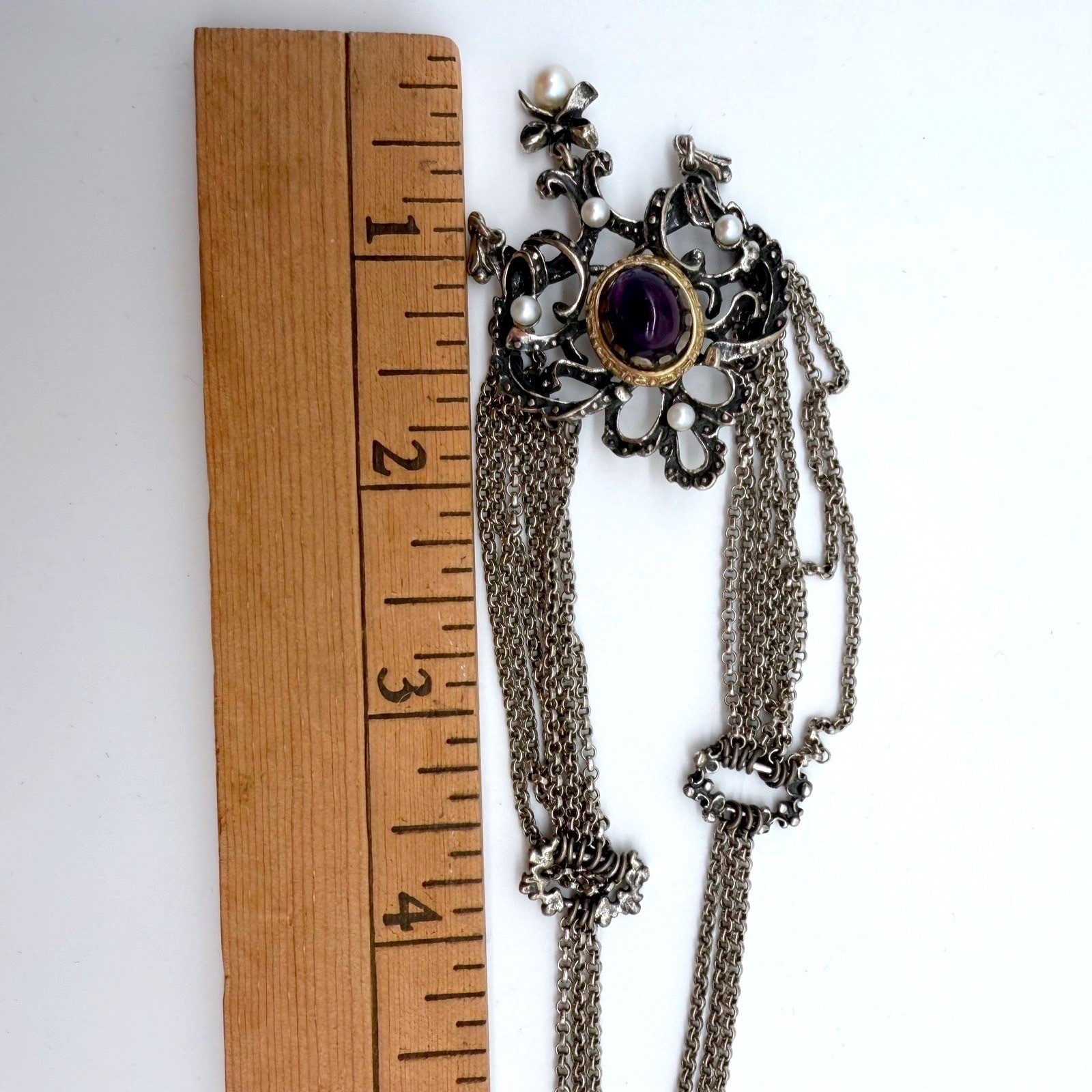 Antique 835 Silver Festoon Necklace Amethyst Pearl German Edwardian Art Nouveau