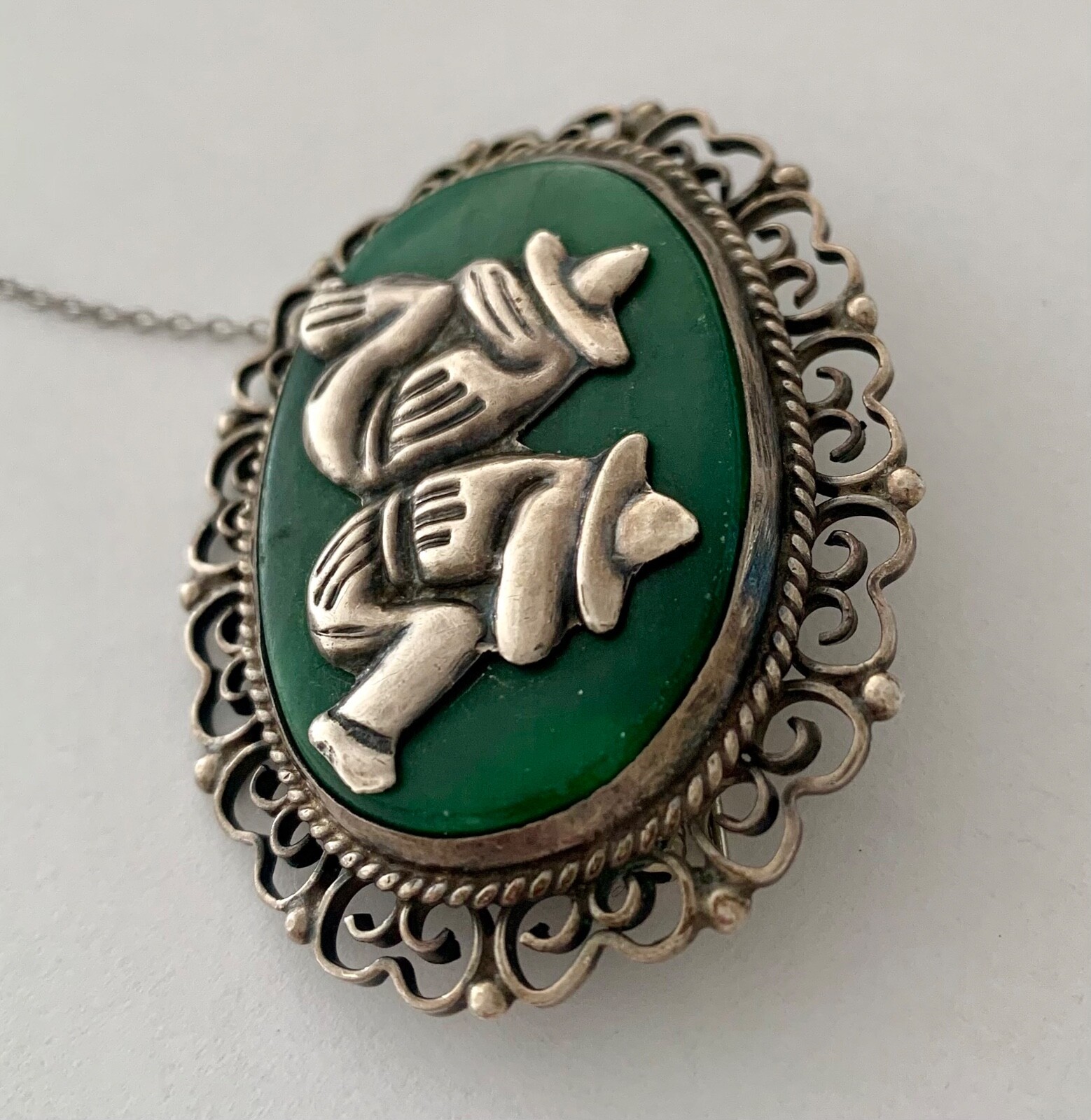Vintage Mexico Sterling Silver & Green Onyx Siesta Brooch with Safety Clasp