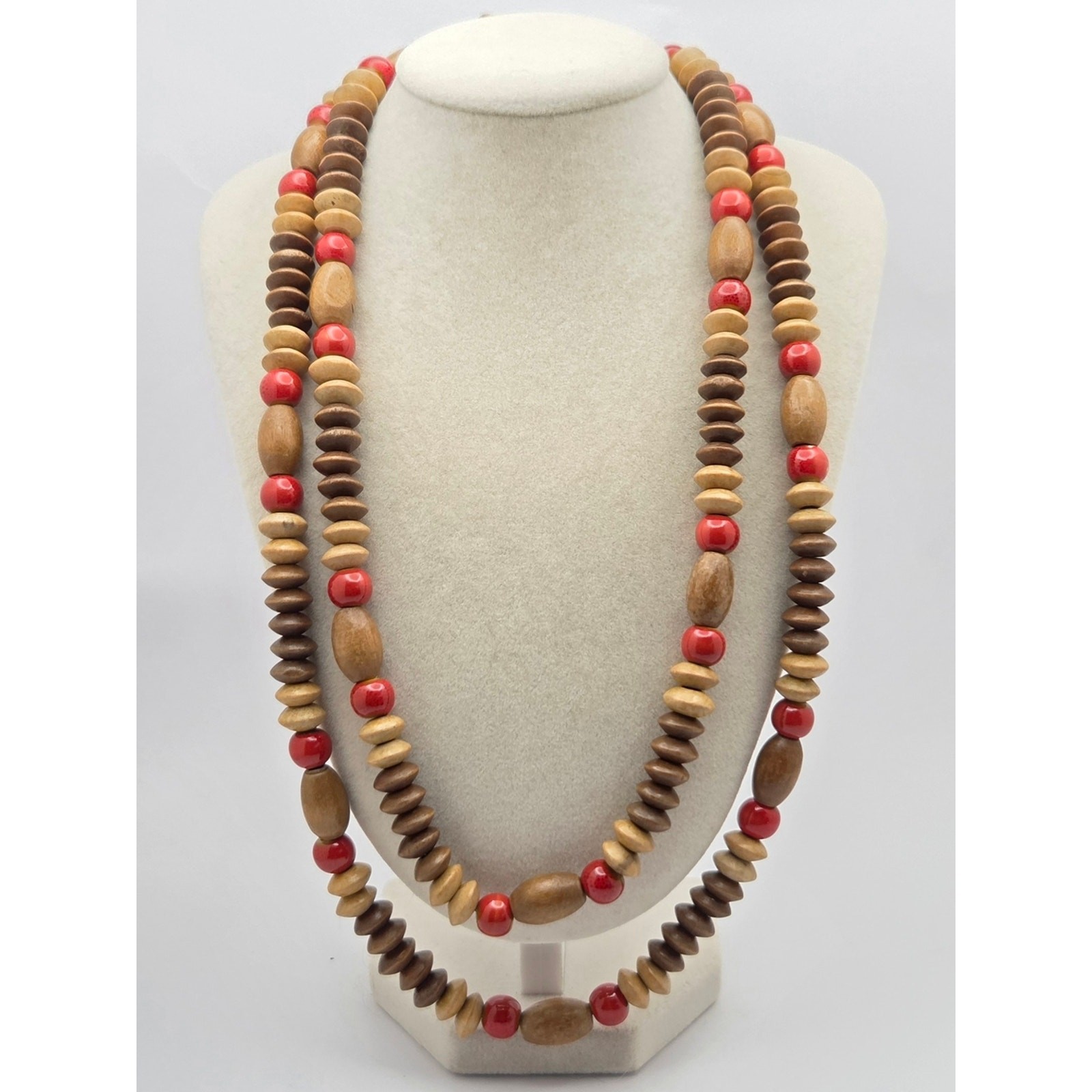Vintage Multi-Strand Wood & Ceramic Bead Statement Necklace – 20” Boho