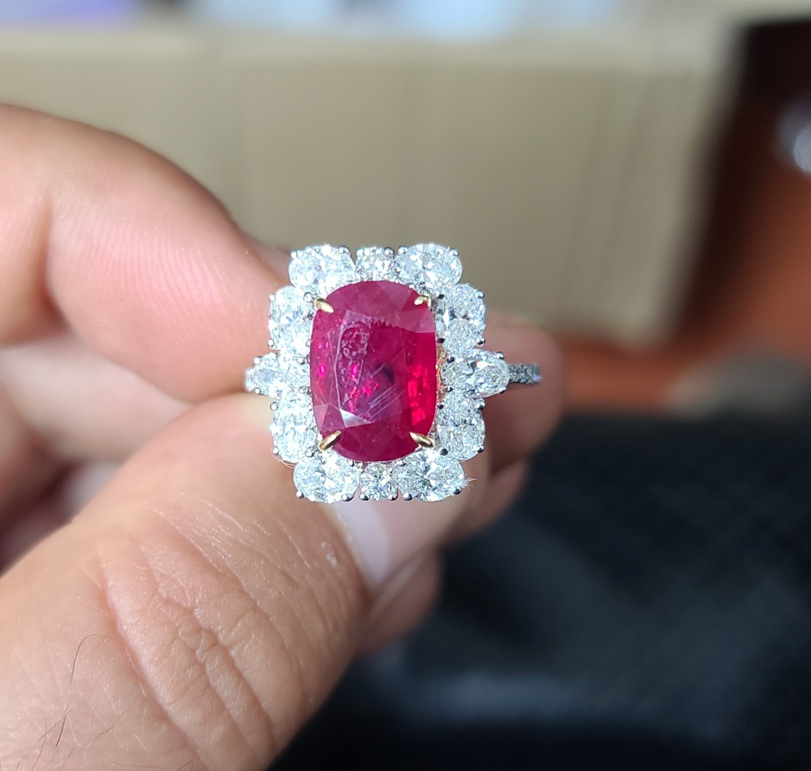 18k White Gold Ring 4.05ct.Natural Untreated Burma Ruby Cushion Cut GIA Cert