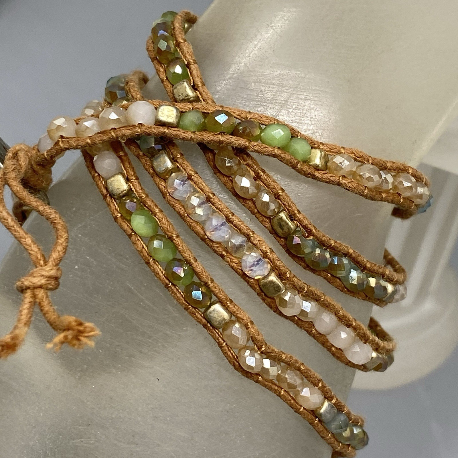 Premier Designs Wrap Brown Cord Bracelet Multicolor Glass Tension Beads Boho