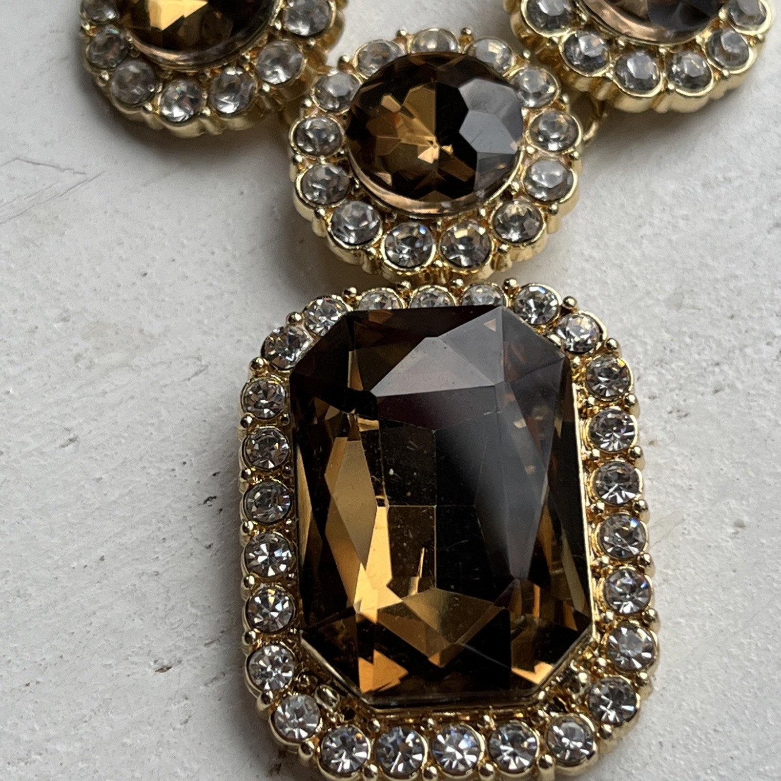 Vintage Monet Faceted Golden Topaz Crystal & Clear Rhinestone Statement Necklace