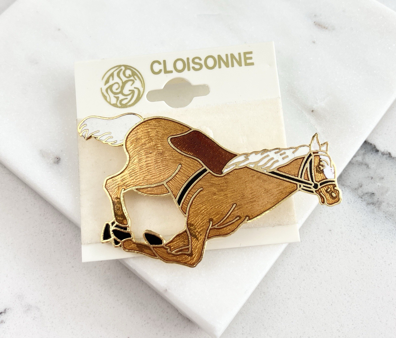Vintage Cloisonné Gold Tone Brown Enamel Running Horse Brooch Pin