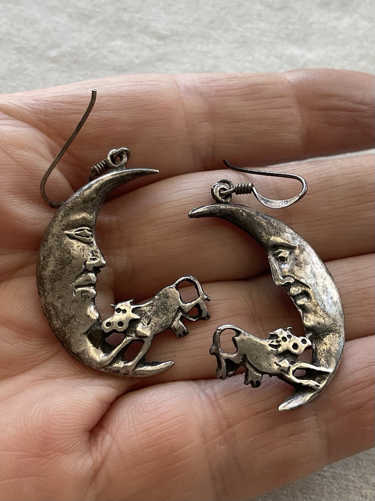 Vintage 925 Sterling Silver Moon Earrings With Jumping Cow Estate Jewelry