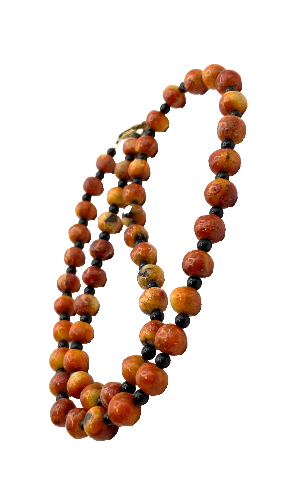 Vintage Apple Sponge Coral Red/Orange Beaded Necklace Black Agate? Gold Tone 24″