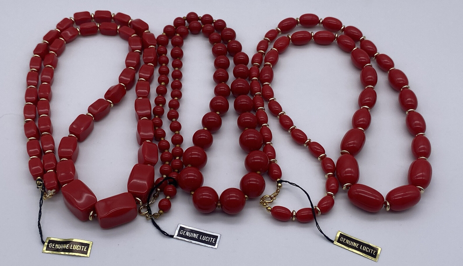 3 Vintage Genuine Lucite Red And Gold Tone Necklaces Made In Hong Kong