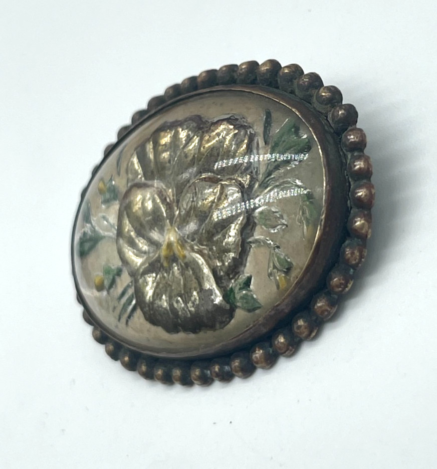 Antique Victorian Goofus Glass Iridescent Pansy flower Brass c-clasp brooch