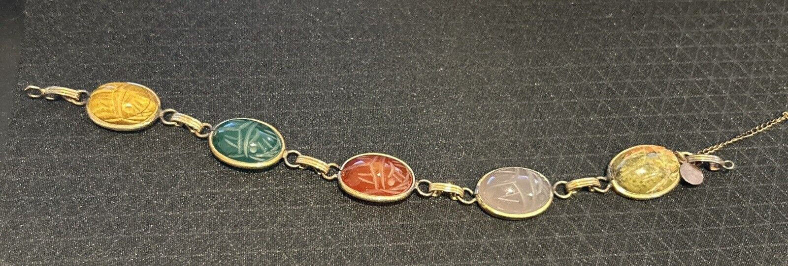 12 K Gold Filled AC Scarab Bracelet Egyptian Revival Carved Stones Needs Repair