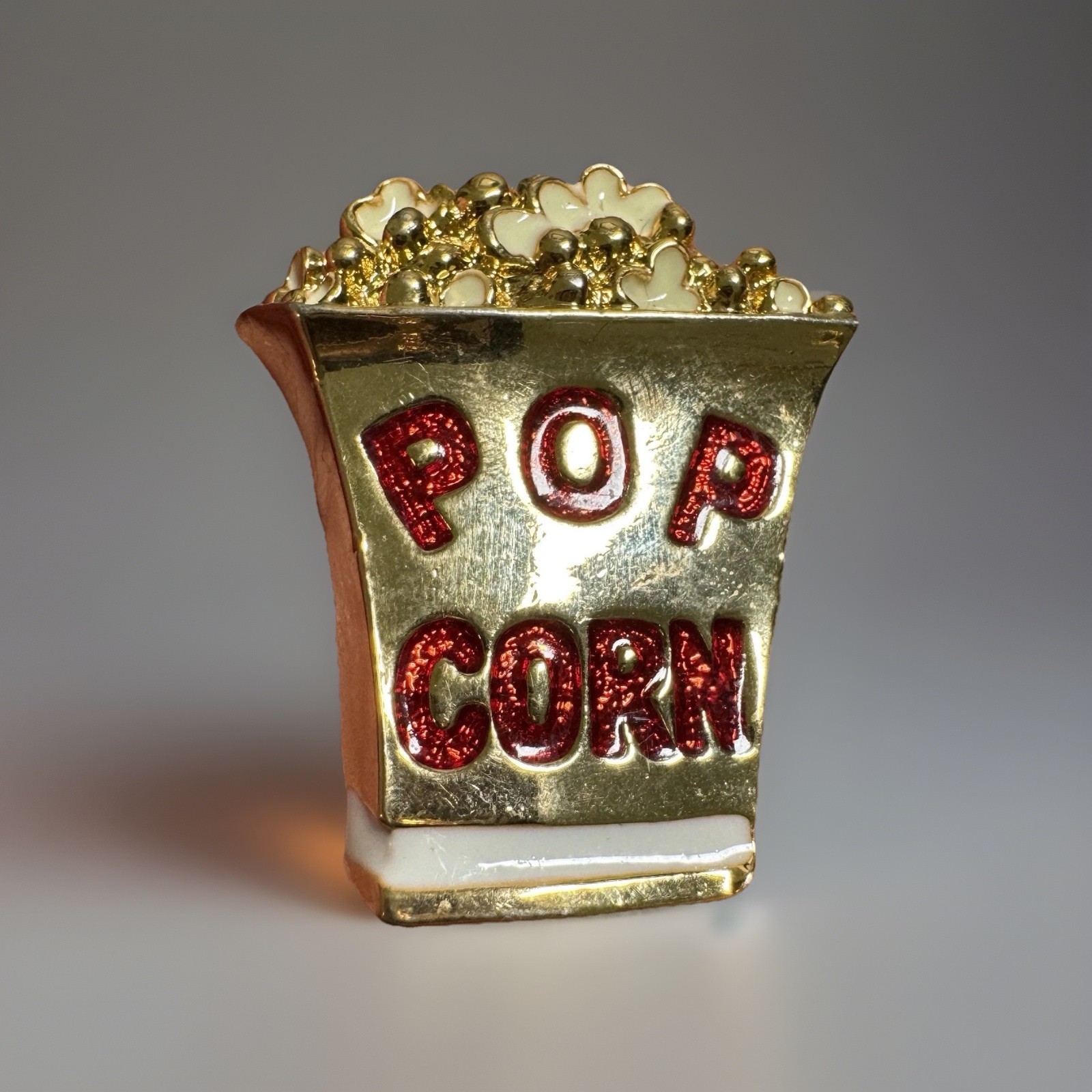 Gold Tone Popcorn Box Brooch White, Red Enamel Letters Movie Night