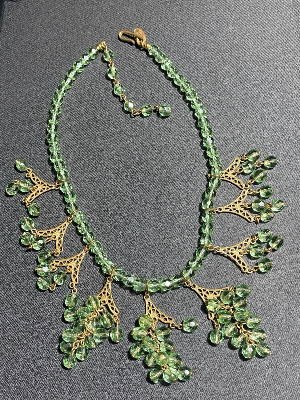 Vintage MIRIAM HASKELL Green Faceted Bead Fringe Adjustable Necklace