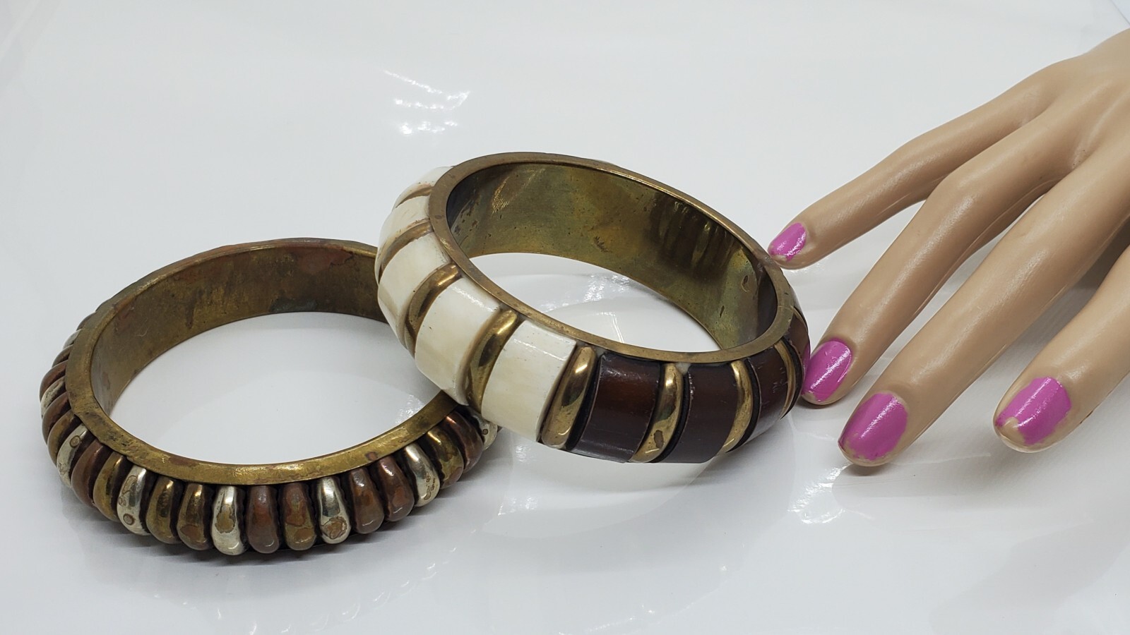 Vintage Wood Metal Bangle Bracelet White Brown Gold Lot of Two