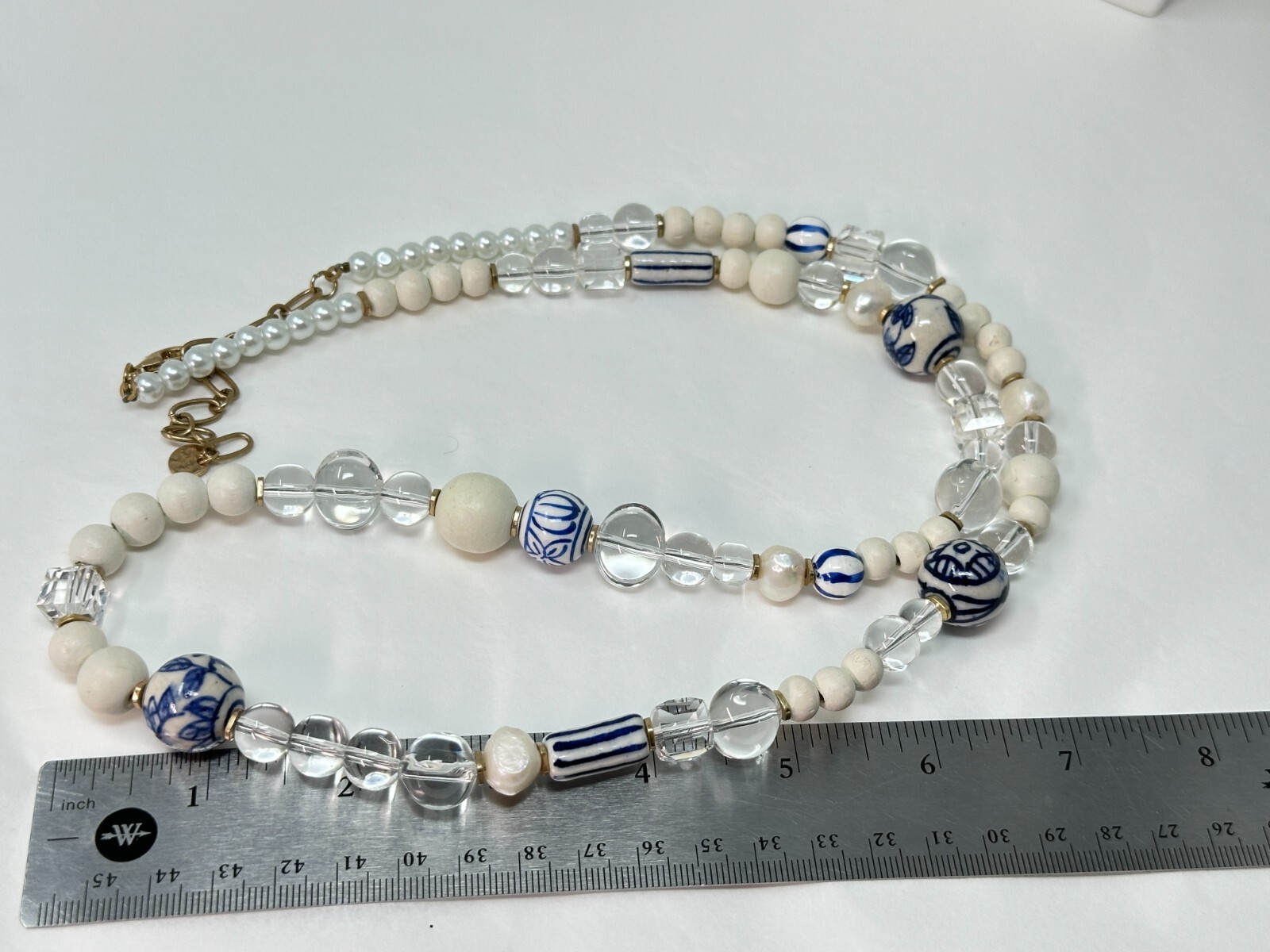 Vintage Goldtone Blue White Ceramic White Wood Clear Lucite Beaded 35″ Necklace