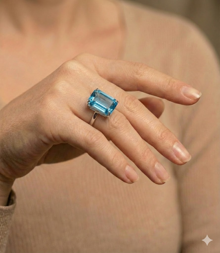 Vintage 14K White Gold Engagement Ring 14.57CT. Blue Topaz Rectangular Shape
