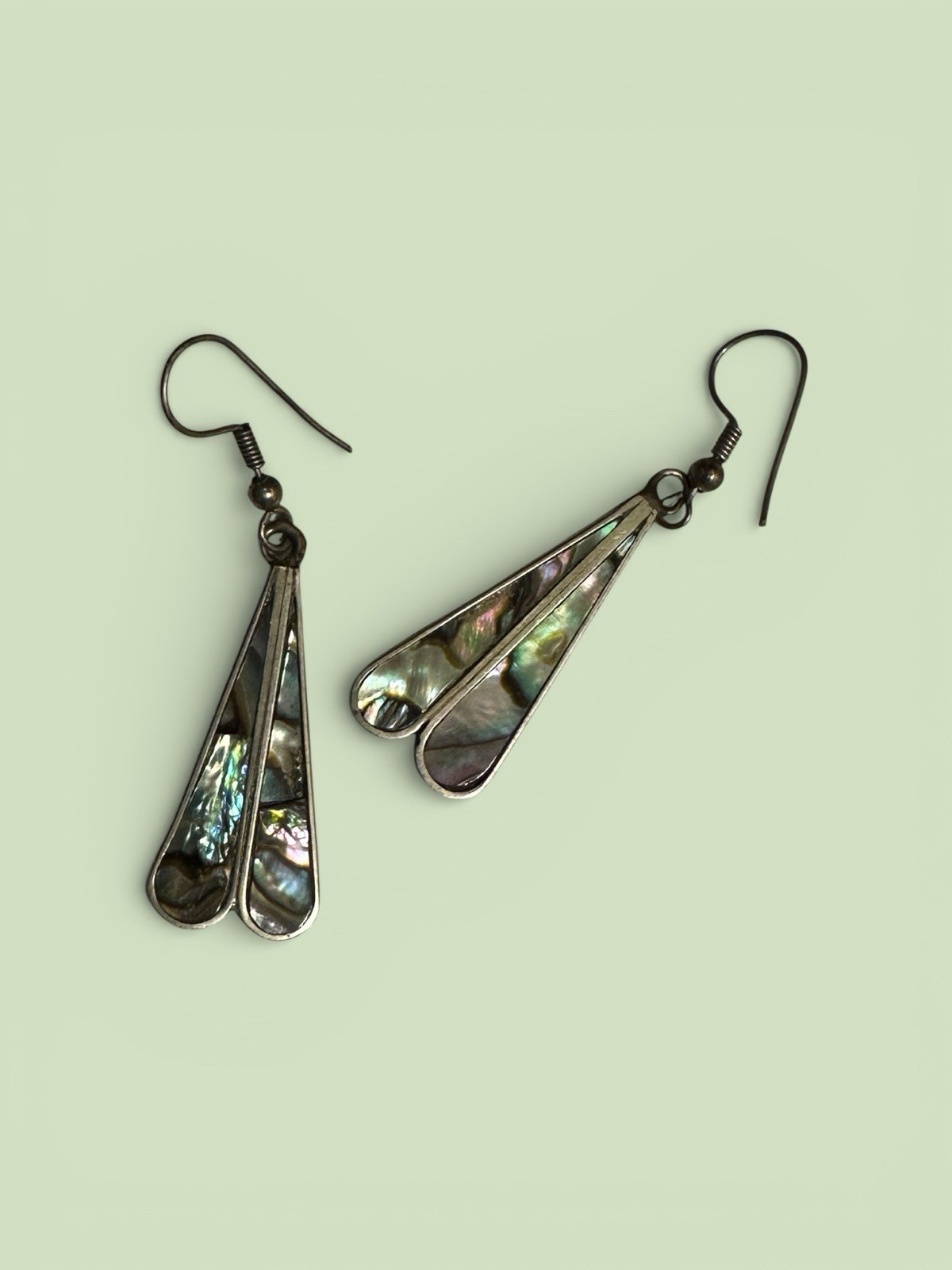 Vintage Alpaca Mexico Abalone Enamel Dangle Earrings Nickel Alloy