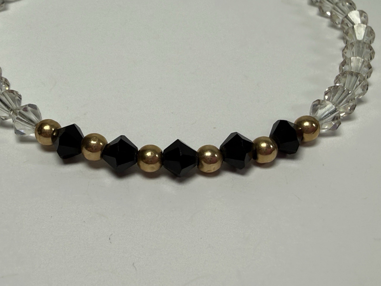 Vintage 14K Gold Bicone Black Clear Crystal Beaded 7” Bracelet