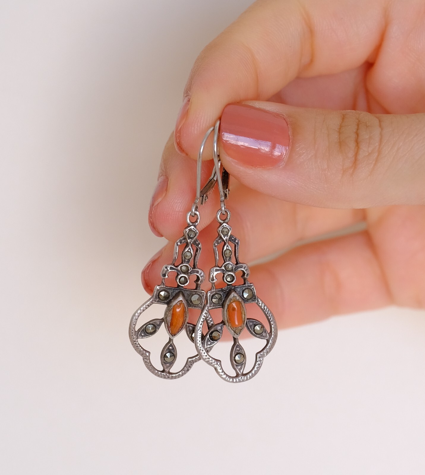 Art Deco Coral & Marcasite Dangle Lever Back Sterling Silver Earrings