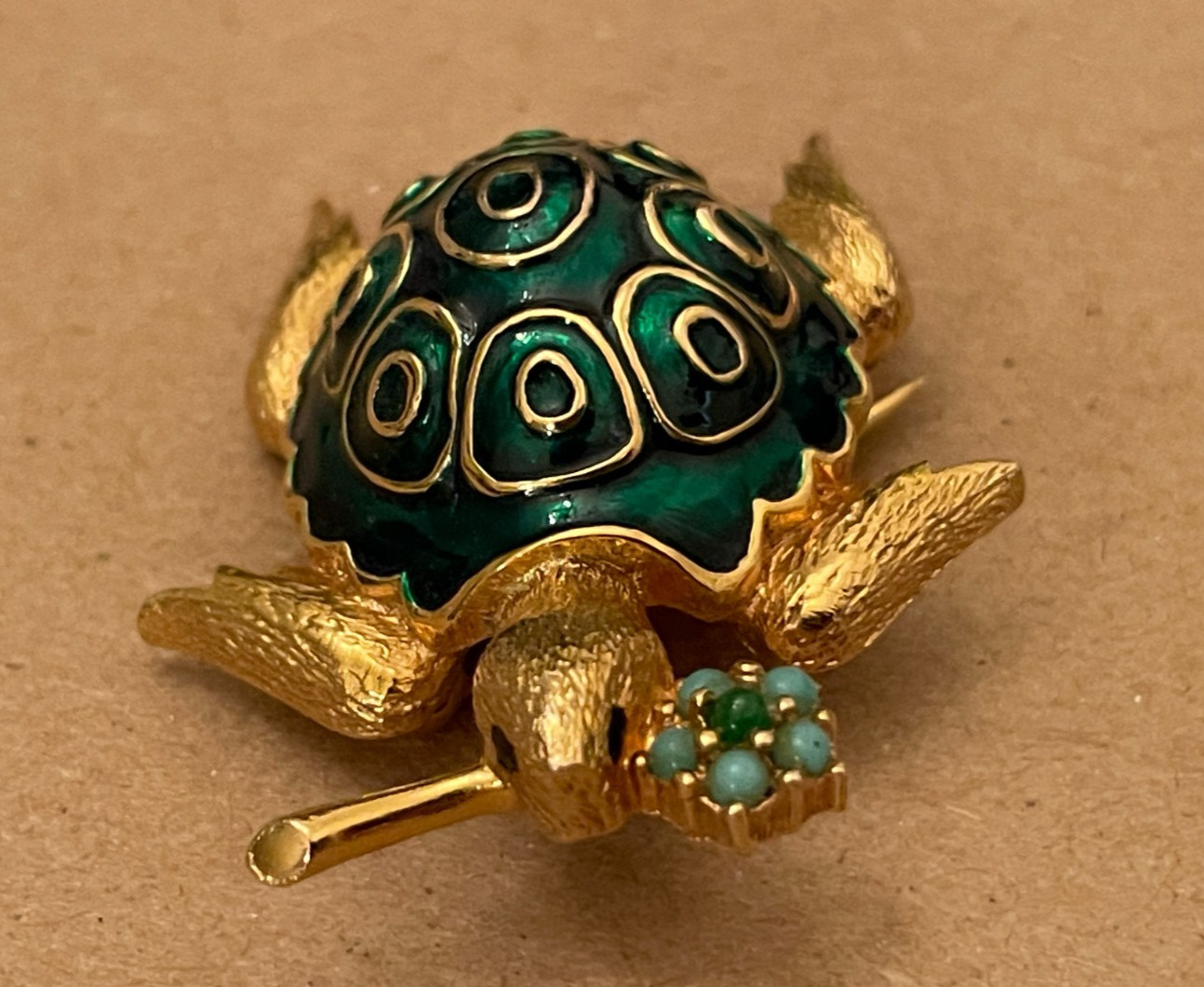 Vintage Jomaz Green Enamel Figural Turtle Brooch, Excellent Condition, signed