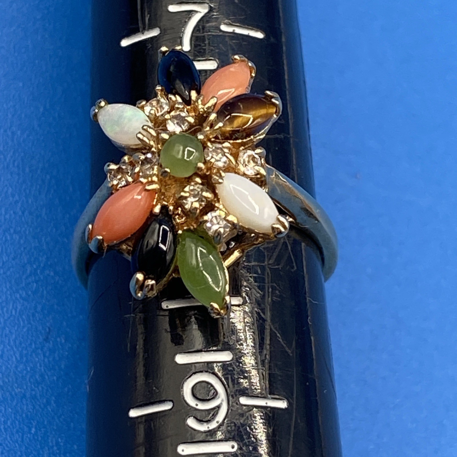 vintage RING sz 8 cluster natural stones opal coral onyx jade tigers eye GP